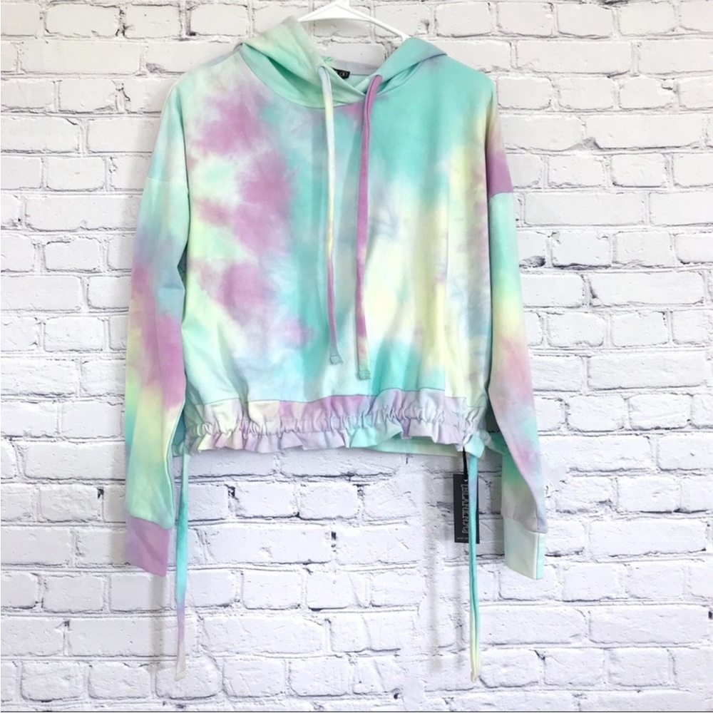 New Blank NYC Tie Dye Ruched Crop Sweatshirt Hoodie Tie Waist Size Small